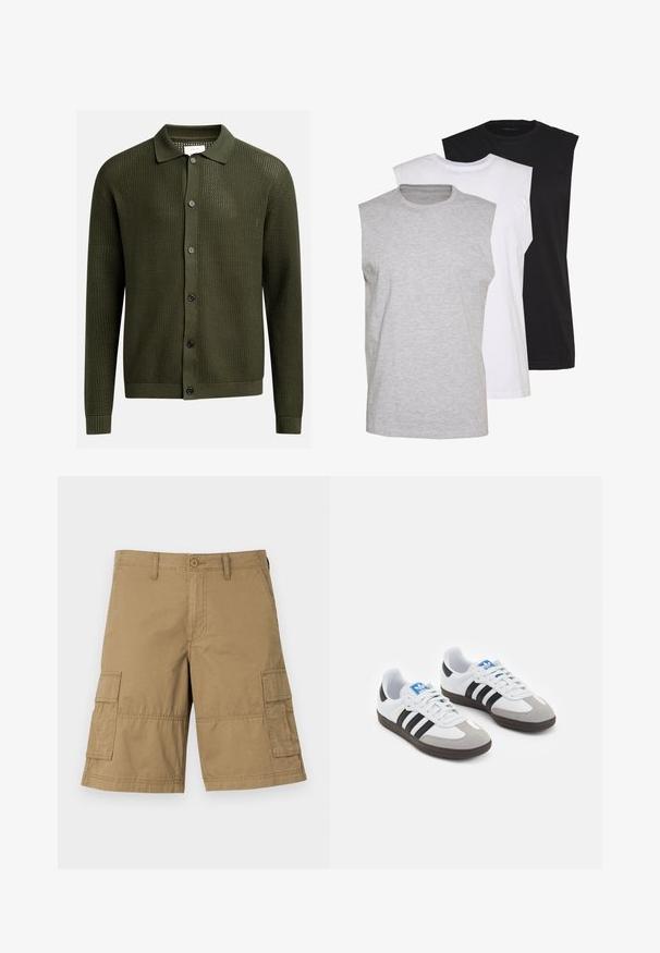 Olive green cardigan with a textured knit pattern, a collared neckline, and six dark buttons down the front; ribbed cuffs and hem.; Three sleeveless t-shirts in gray, white, and black. Soft cotton material with a crew neck and relaxed fit. Simple design, no patterns.; Cargo shorts in khaki fabric with a straight cut, featuring two side pockets and a button closure at the waist. Smooth texture throughout.; Sport shoes with a white leather upper, gray suede toe, and three black stripes. Features a blue logo on the tongue and a textured rubber sole.