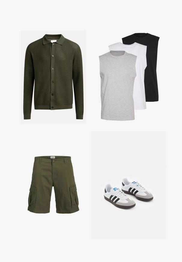 Olive green cardigan with a textured knit pattern, a collared neckline, and six dark buttons down the front; ribbed cuffs and hem.; Three sleeveless t-shirts in gray, white, and black. Soft cotton material with a crew neck and relaxed fit. Simple design, no patterns.; Olive green cargo shorts made of cotton, featuring two large side pockets, a button closure, and a straight cut design.; Sport shoes with a white leather upper, gray suede toe, and three black stripes. Features a blue logo on the tongue and a textured rubber sole.