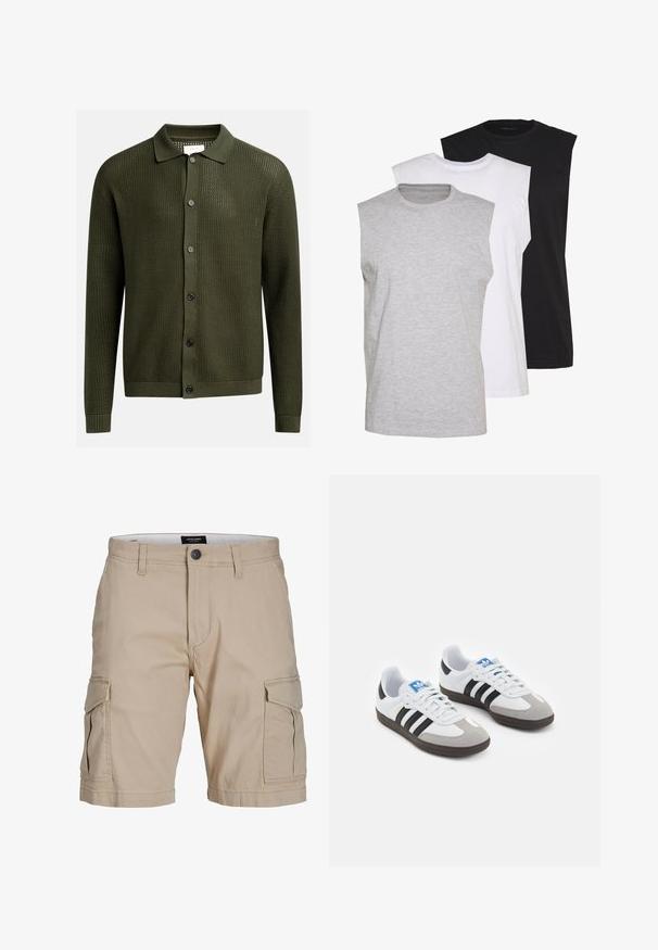 Olive green cardigan with a textured knit pattern, a collared neckline, and six dark buttons down the front; ribbed cuffs and hem.; Three sleeveless t-shirts in gray, white, and black. Soft cotton material with a crew neck and relaxed fit. Simple design, no patterns.; Beige cargo shorts made of cotton, featuring multiple side pockets, a buttoned waist closure, and a straight fit design.; Sport shoes with a white leather upper, gray suede toe, and three black stripes. Features a blue logo on the tongue and a textured rubber sole.