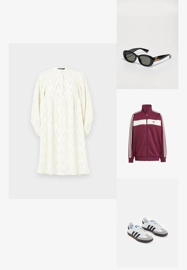 Tumši sarkans zipa žiburs ar baltiem horizontāliem svītrām un trim baltām sānu svītrām. Iespējo augstu apkakli un divas kabatas ar zipa aizdari sānos.; Balta kleita ar augstu apkakli, garām pūkām un zigzaga rakstu. Izgatavota no teksturēta auduma ar izsmalcinātiem metāliskajiem akcentiem.; Sporta apavi ar balto ādas virsu, pelēku zamšādas purngalu un trim melnām svītrām. Iezīmē zilu logotipu uz mēles un teksturētu gumijas zoli.; Melnas plastmasas saulesbrilles ar zaļiem stikliem, ar ovālu formu un zelta logotipa detaļu uz šarnīriem. Gluda tekstūra un spīdīga apdare.