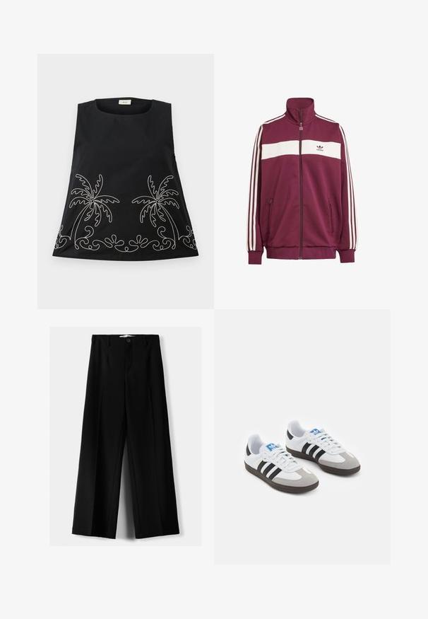 Bordeaux zipová bunda s bielym horizontálnym pruhom a tromi bielymi bočnými pruhmi. Má vysoký golier a dve bočné vrecká so zipsom.; Čierny bezrukávový top s okrúhlym výstrihom, zdobený bielymi vyšívanými palmami a dekoratívnymi vírmi pozdĺž lemu.; Čierne široké nohavice z ľahkého materiálu, s predným zapínaním na gombík a plochým predným dielom, s pekne ušitými lemami.; Športové topánky s bielym koženým zvrškom, šedou semišovou špičkou a tromi čiernymi pruhmi. Obsahujú modré logo na jazyku a štruktúrovanú gumovú podrážku.