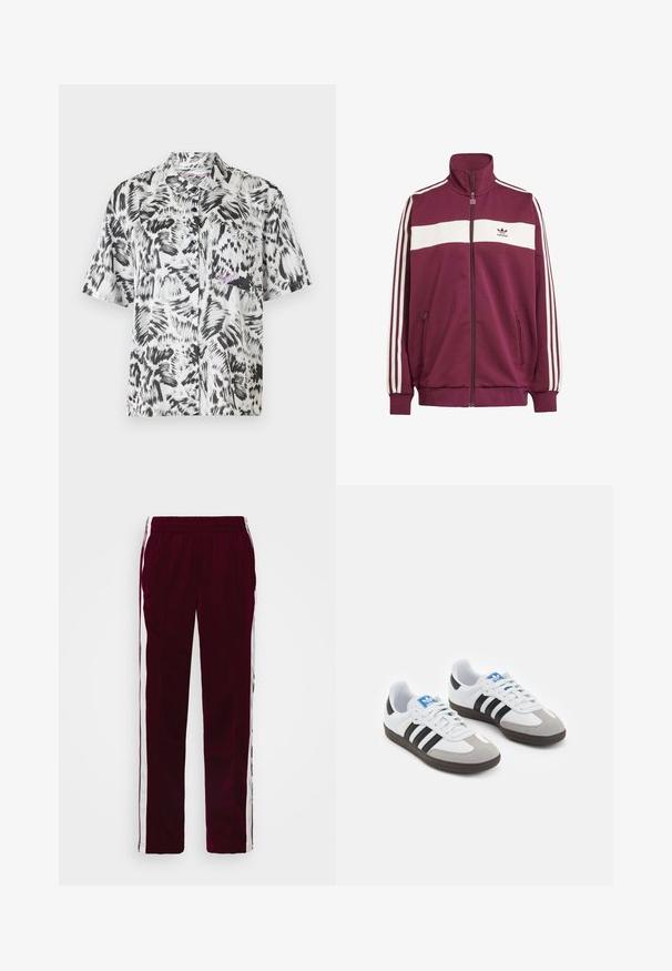 Bordo zip jakna s bijelim horizontalnim prugama i tri bijele bočne pruge. Ima visoki ovratnik i dva bočna džepa na zatvarač.; Košulja kratkih rukava u crno-bijelom apstraktnom uzorku s potezima kista, sa ovratnikom, prednjim džepom i kopčanjem na dugmad.; Burgundijske sportske hlače s pojasom na vezanje, bijelim bočnim prugama i uskim krojem. Izrađene od glatkog, laganog materijala.; Sportske cipele s gornjištem od bijele kože, sivi suedinasti nos i tri crne pruge. Imaju plavi logo na jeziku i teksturiranu gumenu podlogu.