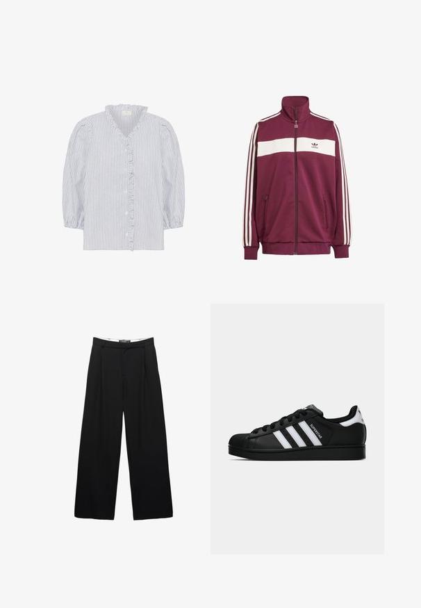 Giacca zip color marrone con striscia orizzontale bianca e tre strisce laterali bianche. Presenta un collo alto e due tasche laterali con zip.; Kaffe OSITA - Camicetta - white black oxford stripe; Pantaloni neri a gamba larga realizzati in tessuto liscio. Presentano pieghe frontali, una vita con passanti per la cintura e una silhouette sartoriale.; Sneaker nera Adidas Superstar con strisce bianche, punta a conchiglia e testo "Superstar" su un lato, mostrata in profilo laterale su sfondo bianco.