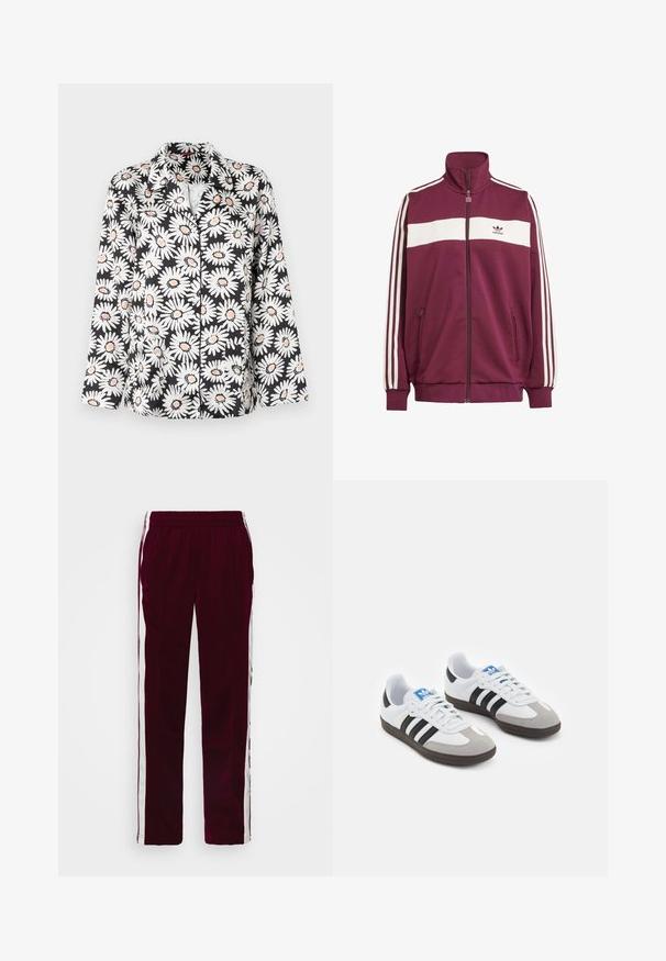 Bordo zip jakna z belim vodoravno pasom in tremi belimi stranskimi pasovi. Ima visok ovratnik in dve žepek na zadrgo na straneh.; Črna srajca s krvnimi gumbi z velikimi belimi marjeticami in oranžnimi središči. Ima klasičen ovratnik in dolge rokave z sproščenim krojem.; Bela prilegajoča majica iz bombaža z okroglim ovratnikom in kratkimi rokavi, na sprednji strani z lahkim modrim vezenim logotipom.; Burgundske športne hlače z vrvico v pasu, belimi stranskimi črtami in ozkim krojem. Narejene iz gladkega, lahkega materiala.; Športni čevlji z belim usnjenim zgornjim delom, sivim semišem na prstih in tremi črnimi črtami. Imajo modro logo na jeziku in teksturiran gumijast podplat.