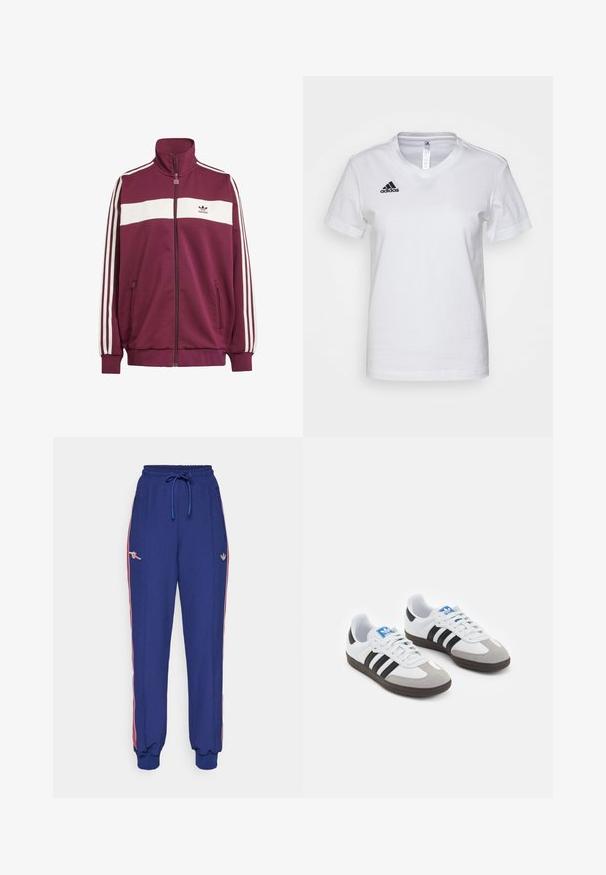 Körsbärsröd zip-jacka med vit horisontell rand och tre vita sidostripes. Har en hög krage och två fickor med dragkedja på sidorna.; Vit bomull T-shirt med V-halsdesign, korta ärmar och en svart Adidas-logotyp på vänster bröstområde. Slät текстur, klassisk passform.; Blå sweatpants med röda sidostreifen, elastisk midja med dragsko, ribbade muddarna, med broderade logotyper på sidorna.; Sportskor med överdel i vit läder, grå mocka på tårna och tre svarta ränder. Har en blå logotyp på tungan och en texturerad gummisula.