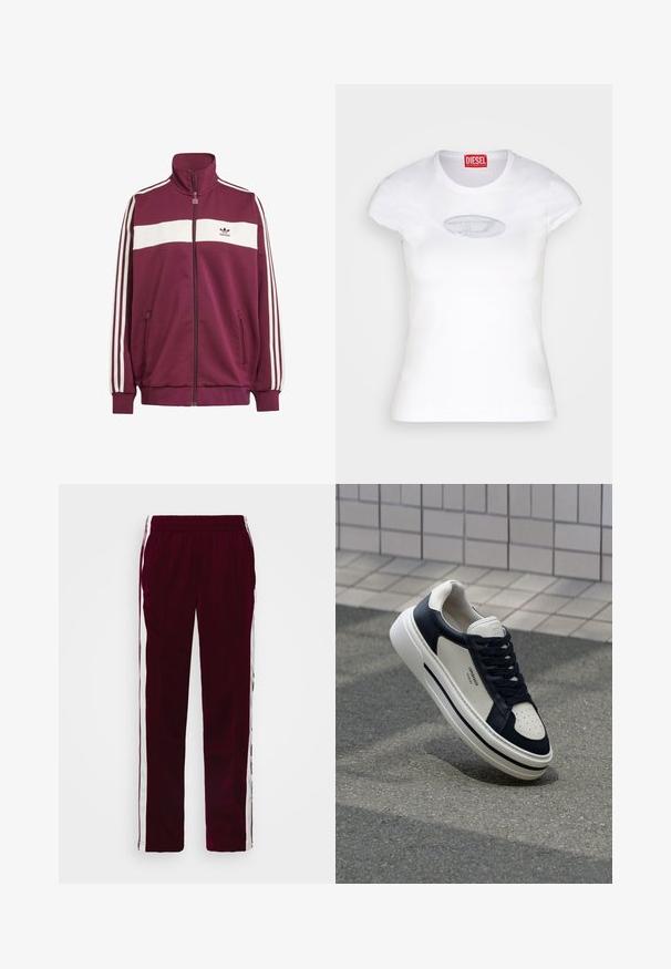 Bordo zip užtrauktuku striukė su balta horizontalia juostele ir trimis baltomis šoninėmis juostelėmis. Turi aukštą apykaklę ir dvi užtraukiamas šonines kišenes.; Baltas figūruotas marškinėlis pagamintas iš medvilnės, turintis apvalų kaklą ir trumpas rankoves, priekyje su šviesiai mėlynu išsiuvinėtu logotipu.; Burgundi spalvos sportinės kelnės su raišteliu juosmenyje, baltomis šoninėmis juostelėmis ir siauru siluetu. Pagamintos iš lygaus, lengvo audinio.; Balti ir tamsiai mėlyni odiniai sportbačiai su perforuota padu, raišteliais ir šiurkščiu guminiu padu, su prekės ženklu šone.