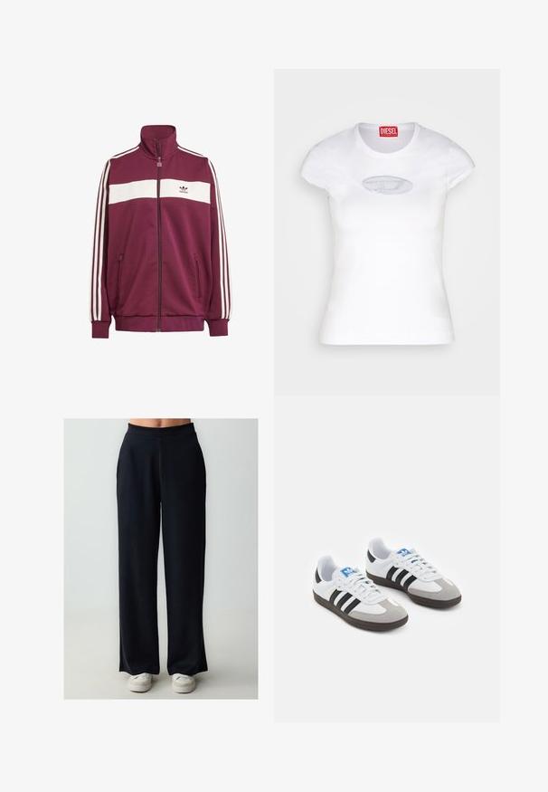 Bordowa kurtka na zamek z białym poziomym paskiem oraz trzema białymi paskami po bokach. Posiada wysoki kołnierz oraz dwie kieszenie boczne na zamek.; Biała dopasowana koszulka wykonana z bawełny, z okrągłym dekoltem i krótkimi rękawami, z jasnoniebieskim haftowanym logo na przodzie.; Czarne spodnie o szerokich nogawkach z gładkiego materiału z elastycznym paskiem w talii, o prostym kroju i długości do ziemi.; Buty sportowe z białą skórzaną cholewką, szarym zamszowym noskiem i trzema czarnymi paskami. Posiadają niebieskie logo na języku oraz teksturowaną gumową podeszwę.