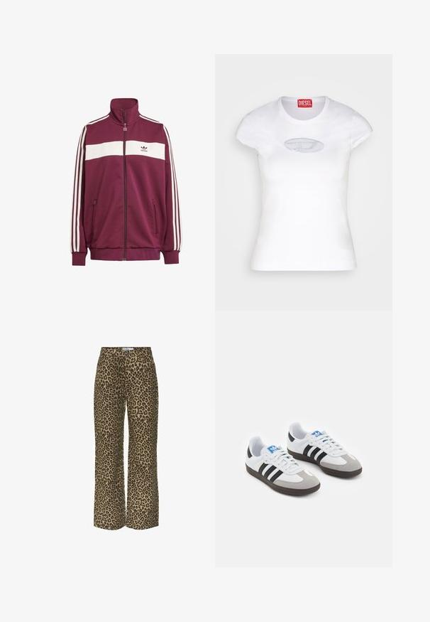 Μαρόν ζακέτα με λευκή οριζόντια ρίγα και τρεις λευκές ρίγες στα πλάγια. Διαθέτει ψηλό γιακά και δύο φερμουάρ πλάγια αξεσουάρ.; Λευκό στενό T-shirt από ύφασμα βαμβακιού, με στρογγυλή λαιμόκοψη και κοντά μανίκια, με ανοιχτό μπλε κεντητό λογότυπο στο μπροστινό μέρος.; Παντελόνι σε λεοπάρ σχέδιο με φαρδιά πόδια σε καφέ και μαύρο χρώμα, διαθέτει κλείσιμο με κουμπί, δύο μπροστινές τσέπες και μέση μεσαίου ύψους. Μαλακή υφή υφάσματος.; Αθλητικά παπούτσια με άσπρη δερμάτινη πάνω επιφάνεια, γκρι σουέτ μύτη και τρεις μαύρες ρίγες. Διαθέτουν μπλε λογότυπο στη γλώσσα και υφασμένο καουτσούκ σόλα.