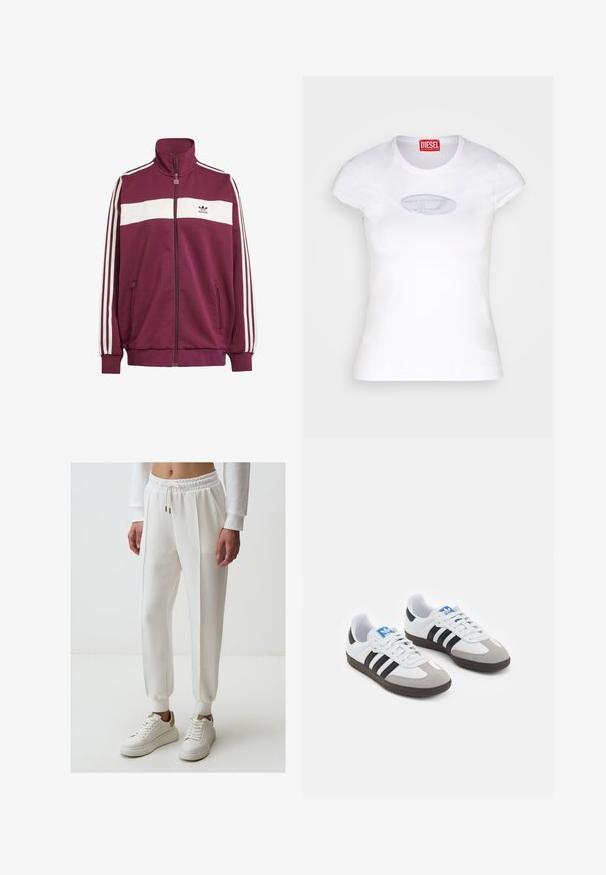 Bordowa kurtka na zamek z białym poziomym paskiem oraz trzema białymi paskami po bokach. Posiada wysoki kołnierz oraz dwie kieszenie boczne na zamek.; Biała dopasowana koszulka wykonana z bawełny, z okrągłym dekoltem i krótkimi rękawami, z jasnoniebieskim haftowanym logo na przodzie.; Białe spodnie dresowe z elastycznym pasem, detalem w postaci sznurka, bocznymi kieszeniami i zwężanymi nogawkami, w połączeniu z białymi trampkami.; Buty sportowe z białą skórzaną cholewką, szarym zamszowym noskiem i trzema czarnymi paskami. Posiadają niebieskie logo na języku oraz teksturowaną gumową podeszwę.
