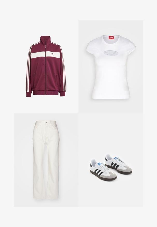Maroon zip jacket with white horizontal stripe and three white side stripes. Features a high collar and two zippered side pockets.; White fitted T-shirt made of cotton, featuring a round neckline and short sleeves, with a light blue embroidered logo on the front.; White denim trousers with a high waist and wide-leg fit. Features a button and zipper closure, belt loops, and subtle stitching details.; Sport shoes with a white leather upper, gray suede toe, and three black stripes. Features a blue logo on the tongue and a textured rubber sole.