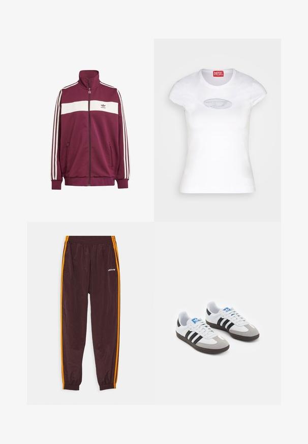 Bordo zip jakna z belim vodoravno pasom in tremi belimi stranskimi pasovi. Ima visok ovratnik in dve žepek na zadrgo na straneh.; Bela prilegajoča majica iz bombaža z okroglim ovratnikom in kratkimi rokavi, na sprednji strani z lahkim modrim vezenim logotipom.; Bordo trenirke z elastičnim pasom, ki imajo oranžne stranske črte in majhen bel logo spredaj. Lahka in zožena zasnova.; Športni čevlji z belim usnjenim zgornjim delom, sivim semišem na prstih in tremi črnimi črtami. Imajo modro logo na jeziku in teksturiran gumijast podplat.