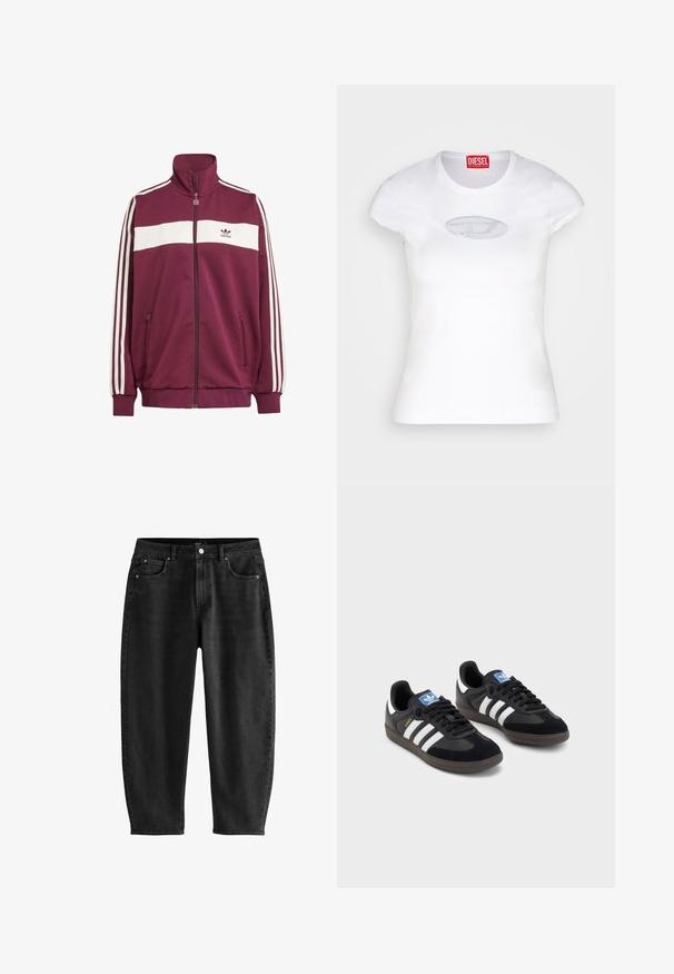 Bordeaux rode zipjack met een witte horizontale streep en drie witte zijstrepen. Kenmerkt zich door een hoge kraag en twee met rits afgesloten zijzakken.; Witte, aansluitende T-shirt van katoen, met een ronde hals en korte mouwen, voorzien van een lichtblauw geborduurd logo aan de voorkant.; Zwarte denim jeans met een relaxte pasvorm, voorzien van een klassiek vijfzakkenontwerp, een knoopgulp en subtiele stikdetails.; Zwarte sneakers met een bovenwerk van suède en synthetisch materiaal, voorzien van drie witte strepen, een gestructureerde rubberen zool en een blauw logo-label op de tong.