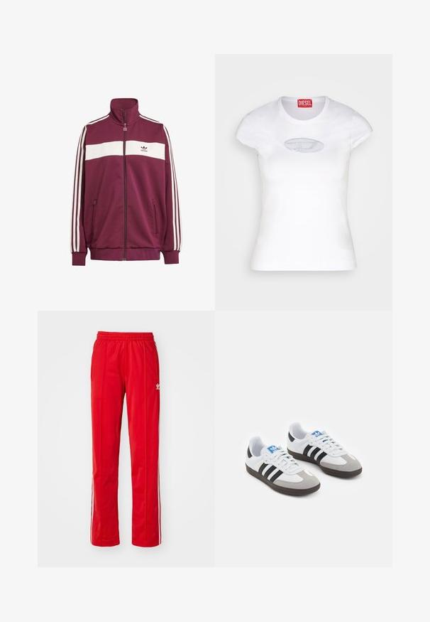 Chaqueta con cremallera en color marrón con una franja horizontal blanca y tres franjas laterales blancas. Presenta un cuello alto y dos bolsillos laterales con cremallera.; Camiseta blanca ajustada de algodón, con escote redondo y mangas cortas, que presenta un logotipo bordado en azul claro en la parte delantera.; Pantalones deportivos rojos con cintura elástica, bolsillos laterales y rayas blancas en los lados. Fabricados con un tejido ligero y suave. Presentan detalles con el logo.; Zapatillas deportivas con parte superior de piel blanca, puntera de ante gris y tres rayas negras. Presentan un logo azul en la lengüeta y una suela de goma texturizada.
