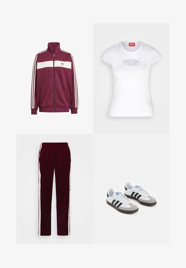 Giacca zip color marrone con striscia orizzontale bianca e tre strisce laterali bianche. Presenta un collo alto e due tasche laterali con zip.; Maglietta aderente bianca in cotone, con scollatura rotonda e maniche corte, caratterizzata da un logo ricamato di colore azzurro chiaro sul davanti.; Pantaloni atletici bordeaux con vita regolabile, strisce laterali bianche e vestibilità slim. Realizzati in un tessuto liscio e leggero.; Scarpe sportive con tomaia in pelle bianca, punta in suede grigia e tre strisce nere. Presentano un logo blu sulla linguetta e una suola in gomma testurizzata.