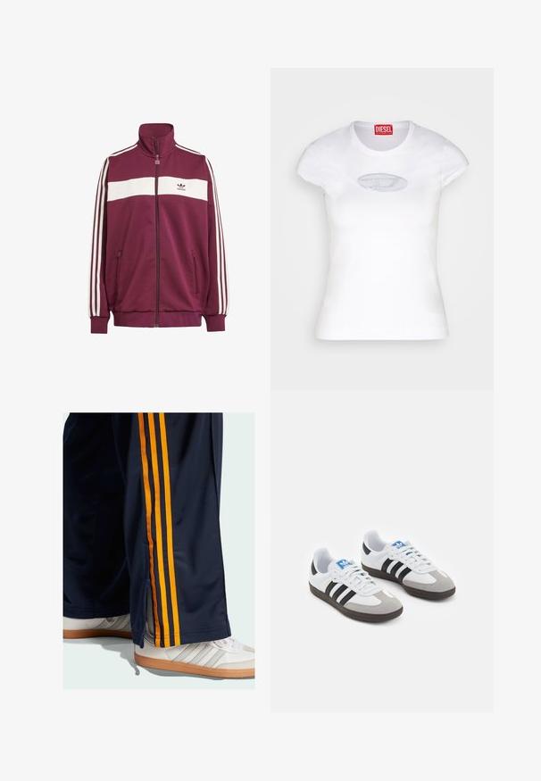 Casaco de fecho éclair cor bordeaux com risca horizontal branca e três riscas brancas de lado. Apresenta um colarinho alto e dois bolsos laterais com fecho éclair.; T-shirt branca ajustada, feita de algodão, com decote redondo e mangas curtas, apresentando um logótipo bordado em azul claro à frente.; Calças de treino em azul-marinho com riscas laterais laranjas, punhos com fecho e uma textura suave. Usadas com ténis brancos com detalhes em cinza.; Ténis desportivos com um cabedal em pele branca, biqueira em camurça cinza e três riscas pretas. Apresenta um logo azul na língua e uma sola de borracha texturizada.