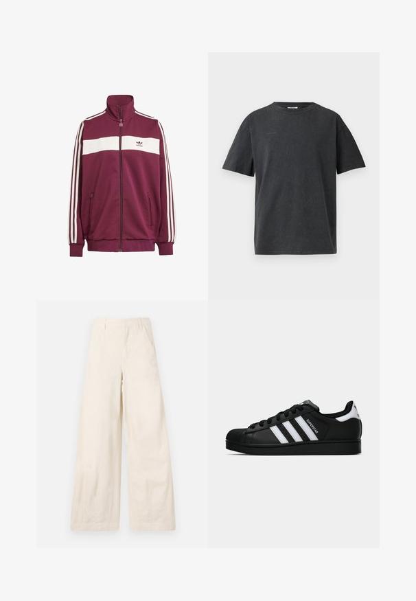 Μαρόν ζακέτα με λευκή οριζόντια ρίγα και τρεις λευκές ρίγες στα πλάγια. Διαθέτει ψηλό γιακά και δύο φερμουάρ πλάγια αξεσουάρ.; Μαύρο βαμβακερό μπλουζάκι με στρογγυλή λαιμόκοψη και κοντά μανίκια. Διαθέτει μια ελαφρώς υφασμάτινη υφή και μινιμαλιστική λεπτομέρεια λογότυπου στο μπροστινό μέρος.; Παντελόνι σε ίσια γραμμή από μπεζ βαμβακερό ύφασμα, με μπροστινές τσέπες και λεία υφή. Χωρίς ορατές διακοσμήσεις ή μοτίβα.; Μαύρο παπούτσι Adidas Superstar με λευκές ρίγες, καβούκι στη μύτη και το κείμενο "Superstar" στη πλευρά, εμφανιζόμενο σε προφίλ στο πλάι σε λευκό φόντο.