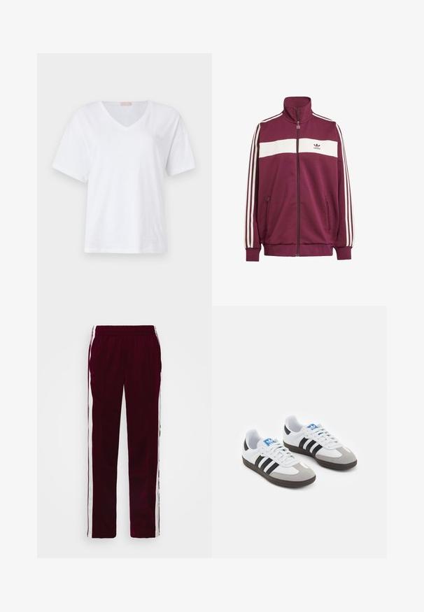 Chaqueta con cremallera en color marrón con una franja horizontal blanca y tres franjas laterales blancas. Presenta un cuello alto y dos bolsillos laterales con cremallera.; Camiseta blanca de manga corta y escote en V, fabricada en suave algodón, con un discreto detalle de logo en el pecho. Textura plana y suave.; Pantalones deportivos burdeos con cintura ajustable, franjas laterales blancas y corte slim. Fabricados con un material suave y ligero.; Zapatillas deportivas con parte superior de piel blanca, puntera de ante gris y tres rayas negras. Presentan un logo azul en la lengüeta y una suela de goma texturizada.