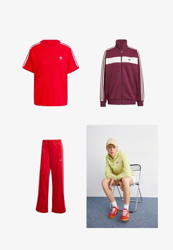 Tumši sarkans zipa žiburs ar baltiem horizontāliem svītrām un trim baltām sānu svītrām. Iespējo augstu apkakli un divas kabatas ar zipa aizdari sānos.; Sarkans kokvilnas T-krekls ar apaļu kakla izgriezumu, īsām piedurknēm, baltām trīs svītrām plecos un mazu baltu logotipu uz krūtīm.; Sarkanas sporta bikses ar platām kājām, elastīgu jostasvietu un sānu rāvējslēdzēja kabatu. Cīņas malā ir neliels balts logo. Gluda virsma.; Gaiši zaļa kapuce ar logo, baltas šortus, sarkani sporta apavi ar baltām svītrām, sēž chrome saliekamajā krēslā pret neitrālu fonu.