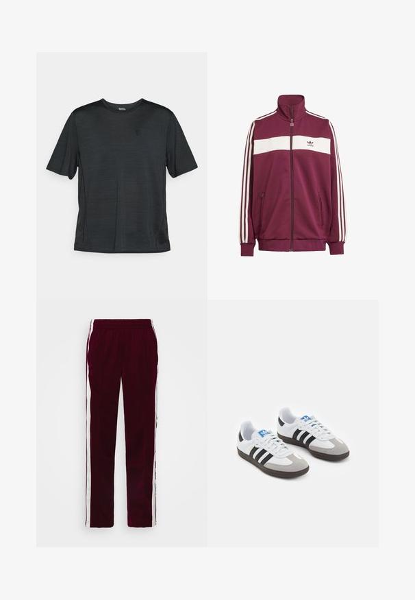 Tumši sarkans zipa žiburs ar baltiem horizontāliem svītrām un trim baltām sānu svītrām. Iespējo augstu apkakli un divas kabatas ar zipa aizdari sānos.; Melnas īsās piedurknes sporta krekls, kas izgatavots no viegla, mitrumu uzsūcoša auduma. Iespējamā apaļa kakla un neliela logo centrā uz krūtīm.; Burgundijas sporta bikses ar aukliņu jostu, baltām sānu svītrām un šauru piegriezumu. Izgatavotas no gludas, vieglas auduma.; Sporta apavi ar balto ādas virsu, pelēku zamšādas purngalu un trim melnām svītrām. Iezīmē zilu logotipu uz mēles un teksturētu gumijas zoli.