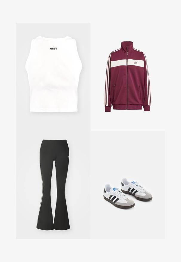 Burgunderfarget zipjakke med hvit horisontal stripe og tre hvite sidestriper. Har høy krage og to glidelåslommer på siden.; Obey Clothing BOLD - Topper - white; Svarte flare leggings laget av stretchstoff, med høy midje og hvite sidelister. Inkluderer liten logo på midjen.; Sportssko med en hvit skinnoverdel, grå semsket tå og tre svarte striper. Har en blå logo på tungen og en teksturert gummisåle.
