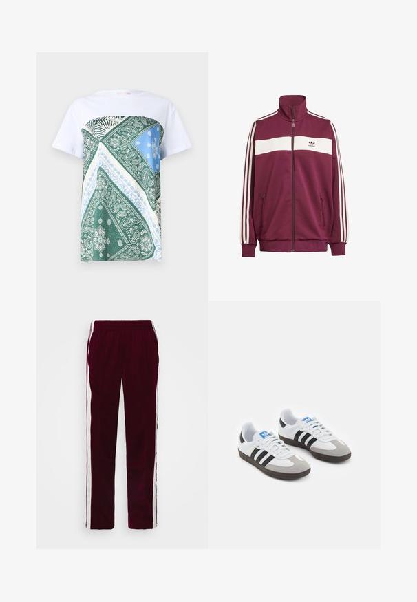 Viininpunainen vetoketjullinen takki, jossa on valkoinen vaakasuora raita ja kolme valkoista sivuraitaa. Varustettu korkealla kauluksella ja kahdella vetoketjullisella sivutaskulla.; Valkoinen t-paita, jossa on vihreä, sininen ja kermaharmaa kuvioitu paneeli, jossa on paisley-kuvioita ja seepra-raitoja yläosan etuosassa.; Bordeaux urheiluhaalarit, joissa on naru vyötäröllä, valkoiset sivuviivat ja kapea malli. Valmistettu sileästä, kevyestä kankaasta.; Urheilukengät, joissa on valkoinen nahkainen päällinen, harmaa mokkanokka ja kolme mustaa raitaa. Ominaisuuksina sininen logo kielekkeessä ja kuvioitu kumipohja.