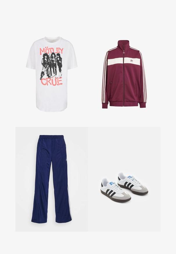 Bordowa kurtka na zamek z białym poziomym paskiem oraz trzema białymi paskami po bokach. Posiada wysoki kołnierz oraz dwie kieszenie boczne na zamek.; Biała koszulka z bawełny z czarno-białą grafiką czterech postaci, z napisem "MÖTLEY" w różowym, pogrubionym foncie u góry i "CRÜE" u dołu.; Granatowe spodnie sportowe z elastycznym pasem, prostymi nogawkami i bocznymi zamkami. Posiadają białe lamówki po bokach. Gładka faktura materiału.; Buty sportowe z białą skórzaną cholewką, szarym zamszowym noskiem i trzema czarnymi paskami. Posiadają niebieskie logo na języku oraz teksturowaną gumową podeszwę.