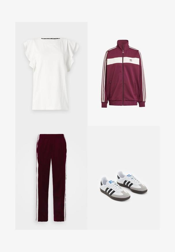 Bordeaux zipová bunda s bielym horizontálnym pruhom a tromi bielymi bočnými pruhmi. Má vysoký golier a dve bočné vrecká so zipsom.; Biela bavlnená tričko s volánovými rukávmi a okrúhlym výstrihom. Diskrétny branding na prednej strane, hladká textúra a ležérny strih.; Bordové športové nohavice s nastaviteľným pásom, bielymi bočnými pruhmi a úzkym strihom. Vyrobené z hladkej, ľahkej látky.; Športové topánky s bielym koženým zvrškom, šedou semišovou špičkou a tromi čiernymi pruhmi. Obsahujú modré logo na jazyku a štruktúrovanú gumovú podrážku.