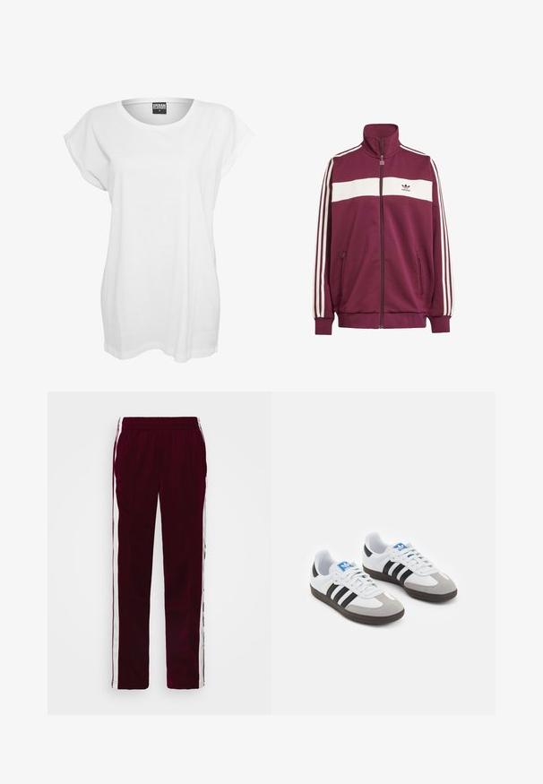 Tumši sarkans zipa žiburs ar baltiem horizontāliem svītrām un trim baltām sānu svītrām. Iespējo augstu apkakli un divas kabatas ar zipa aizdari sānos.; Baltā īsajā piedurknē t-kreklā izgatavots no kokvilnas, ar brīvu piegriezumu, plašu kakla izgriezumu un minimālistisku dizainu bez rakstiem vai akcentiem.; Burgundijas sporta bikses ar aukliņu jostu, baltām sānu svītrām un šauru piegriezumu. Izgatavotas no gludas, vieglas auduma.; Sporta apavi ar balto ādas virsu, pelēku zamšādas purngalu un trim melnām svītrām. Iezīmē zilu logotipu uz mēles un teksturētu gumijas zoli.
