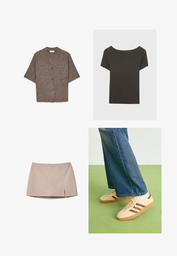 Korte mouwen, bruin ribgebreid cardigan met een ronde halslijn en vijf bruine knopen aan de voorkant, gemaakt van een gemêleerd breiwerk.; Donkergrijze top met korte mouwen en een bootnek. Gemaakt van ribbelstof, met een relaxte pasvorm en een nette zoom. Eenvoudig ontwerp, geen patronen.; Beige aansluitende rok van een gestructureerde stof, met een lichte zijsplit. Eenvoudig ontwerp zonder extra hardware of patronen.; Beige sneakers met gestructureerde crèmekleurige panelen en bruine strepen, gecombineerd met blauwe denim jeans. De jeans hebben een brede pijp en een rafelige zoom.