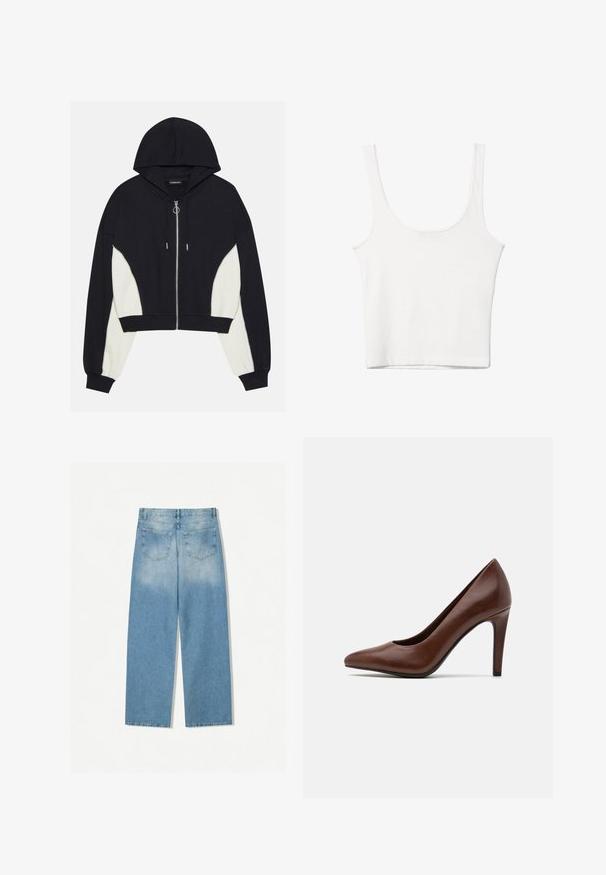 Čierna a biela skrátená mikina s predným zipsom, kapucňou a kontrastnými bočnými panelmi. Má strieborné kovanie a ribbované manžety a lem.; Biely bavlnený top bez rukávov s okrúhlym výstrihom a priliehavým strihom. Hladká textúra, jednoduchý dizajn a minimálne švy.; Svetlomodré denimové džínsy so strihaním do rovna, ktoré majú dve zadné vrecká a vyblednutú textúru v horných častiach.; Marco Tozzi Klasické lodičky na opätku - cognac