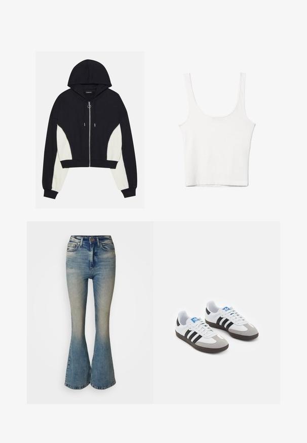 Črna in bela skrajšana kapuca s sprednjim zadrgo, kapuco in kontrastnimi stranskimi paneli. Ima srebrno okovje ter rebraste manšete in spodnji del.; Bela bombažna majica brez rokavov s kroglasto izrezom in prilegajočim krojem. Gladka tekstura, enostavna zasnova in minimalne šivanske podrobnosti.; Široki kavbojke v svetlo modrem denimu z postopnim zbledelostjo. Imajo visok pas, pet žepov ter gumbno zapiranje z zadrgo.; Športni čevlji z belim usnjenim zgornjim delom, sivim semišem na prstih in tremi črnimi črtami. Imajo modro logo na jeziku in teksturiran gumijast podplat.
