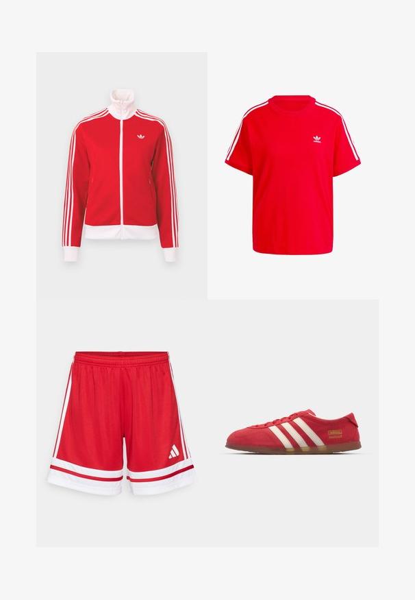 Raudonas bėgimo švarkelis su baltu užtrauktuku, trimis baltomis juostelėmis ant rankovių, baltais rankogaliais ir apačia bei baltu „Adidas“ logotipu krūtinėje.; Raudona medvilninė marškinė su apvaliūniais iškirpėmis, trumpomis rankovėmis, baltomis trimis juostomis ant pečių ir mažyčiu baltu logotipu ant krūtinės.; Raudoni sportiniai šortai su elastinga juosmens juosta, baltais šonų kryžiais ir baltais akcentais ant apvado. Įskaičiuota Adidas logotipas baltos spalvos.; Raudoni suediniai sportbačiai su balta trijų juostelių dizaino juostele, lygiu padu ir auksiniu logotipo akcentu. Žemas dizainas su apvaliu pirštu ir raišteliu.