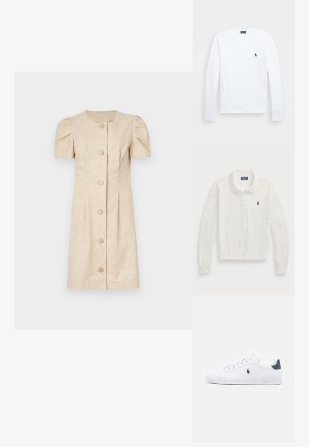 Bijela kardigan jakna izrađena od mekog materijala, s ovratnikom, dugim rukavima, kopčanjem na dugmad i malim mornarsko plavim logotipom.; Kratka bež haljina ravnog kroja s kratkim rukavima, koja ima napuhane rukave, okrugli izrez i pet dekorativnih dugmadi sprijeda.; Bijela košulja dugih rukava, pamuk, okrugli izrez, s malim mornarskim logotipom na lijevoj strani prsiju. Jednostavan dizajn, regularna kroja.; Bijele kožne tenisice s glatkom površinom, tamnoplave naglaske i mali logo sa strane. Imaju ravne vezice i teksturiranu gumu za potplat.
