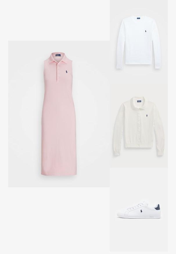 Λευκό ζακέτα από απαλό ύφασμα, με γιακά, μακριά μανίκια, κλείσιμο με κουμπιά μπροστά και μικρό ναυτικό λογότυπο.; Πολό φόρεμα σε ανοιχτό ροζ χρώμα, με γιακά, χωρίς μανίκια, πεντακάθαρη μπροστινή κουμπότρυπα και ναυτικό κεντημένο λογότυπο στο στήθος.; Λευκό πουκάμισο με μακριά μανίκια, από βαμβακερό υλικό, με στρογγυλή λαιμόκοψη, διαθέτει μικρό σκούρο μπλε λογότυπο στο αριστερό στήθος. Απλός σχεδιασμός, κανονική εφαρμογή.; Λευκά δερμάτινα sneakers με λεία επιφάνεια, ναυτικά στοιχεία και μικρό λογότυπο στο πλάι. Διαθέτουν επίπεδα κορδόνια και υφασμένη σόλα από καουτσούκ.