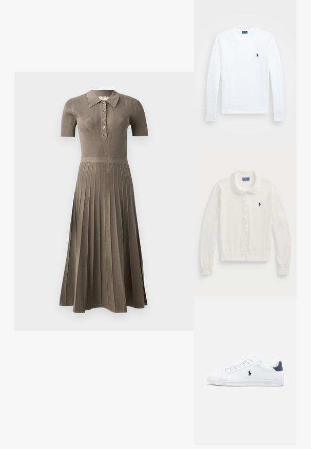 Vit cardigan i mjukt tyg, med krage, långa ärmar, knäppning framtill och en liten marinblå logotyp.; Ribbad midiklänning i grå-brun med korta ärmar, polokrage, guldknapplist och veckad kjoldesign. Mjuk textur.; Vit långärmad skjorta, i bomullsmaterial, med rund halsringning, prydd med en liten marinblå logotyp på vänster bröst. Enkel design, normal passform.; Vita lädersneakers med en slät yta, marinblå detaljer och en liten logotyp på sidan. Har platta snören och mönstrad gummisula.