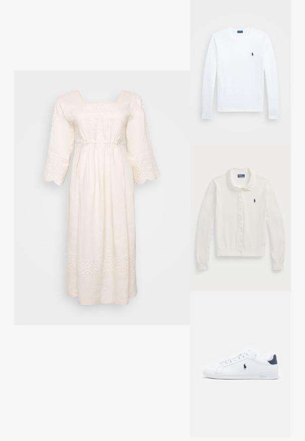 Balts kardigāns no mīksta auduma, ar apkakles dekoltē, garām piedurknēm, ar pogu aizdari un nelielu tumši zilas krāsas logotipu.; Baltas lina kleita ar kvadrātveida kakla izgriezumu, īsām uzpūstām piedurknēm un dekoratīvu acu apdari. Iespējota savākta jostas vieta un potīšu garuma malā.; Balta garām piedurknēm krekls, kokvilnas materiāls, apaļa dekoltē, ar nelielu tumši zilu logotipu kreisajā krūtī. Vienkāršs dizains, regulāra piegriezuma.; Baltas ādas sporta apavi ar gludu virsmu, jūras zila akcenti un neliels zīmols sānos. Aprīkoti ar plakaniem aukliņām un strukturētu gumijas zoli.