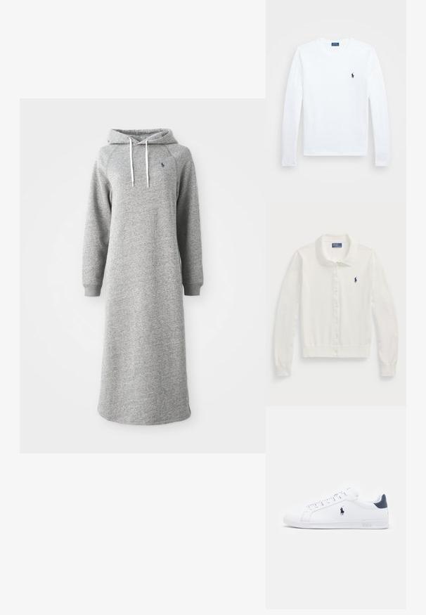 Suéter cardigan branco, feito de um tecido macio, com gola, mangas longas, fecho frontal com botões e um pequeno logotipo azul marinho.; Vestido de capuz cinza feito de um tecido macio, com um design longo, mangas longas e um bolso canguru. Cordões brancos decorativos no capuz.; Camisa de manga longa branca, em material de algodão, com decote redondo, apresentando um pequeno logótipo azul-marinho no lado esquerdo do peito. Design simples, ajuste regular.; Tenis brancos de couro com um acabamento suave, detalhes em azul marinho e um pequeno logotipo na lateral. Possui atacadores planos e sola de borracha texturizada.