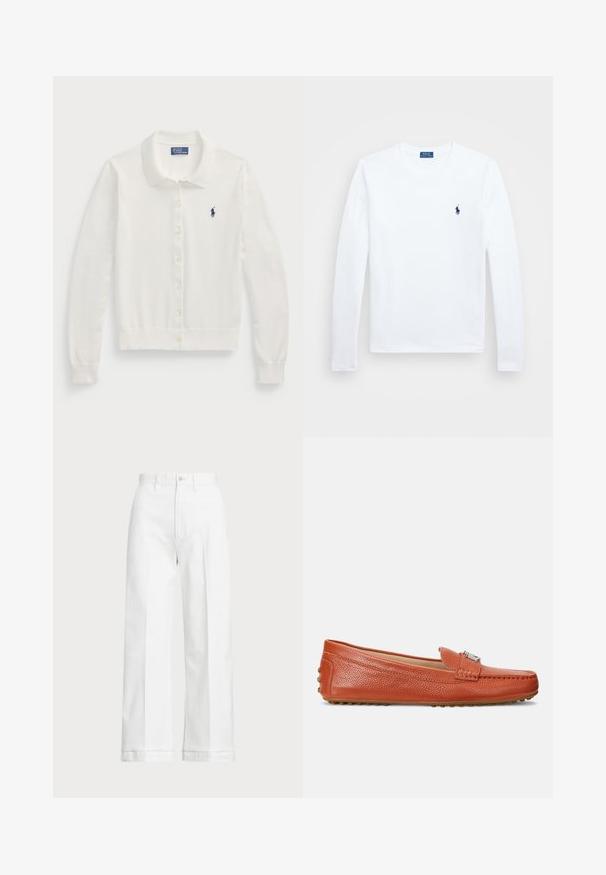 Suéter cardigan branco, feito de um tecido macio, com gola, mangas longas, fecho frontal com botões e um pequeno logotipo azul marinho.; Camisa de manga longa branca, em material de algodão, com decote redondo, apresentando um pequeno logótipo azul-marinho no lado esquerdo do peito. Design simples, ajuste regular.; Calças brancas de perna larga com uma cintura alta, apresentando um fecho de botão e detalhes de costura discreta. Feitas de algodão com uma textura suave.; Lauren Ralph Lauren BARNSBURY PEBBLED LEATHER DRIVER - Mocassins - rust orange