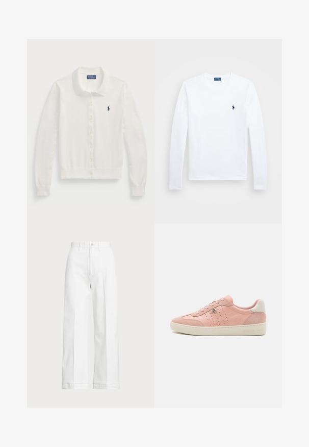 Valge kardigan, mis on valmistatud pehmest kangast, omab kraeta krae, pikkade varrukatega, nupuga esine sulgemist ja väikest tumesinist logo.; Valge pikkade varrukatega särk, puuvillane materjal, ümmargune kaelus, väikese tumepMereväe logoga vasakul rinnal. Lihtne disain, regulaarne lõige.; Valged laiad pükse kõrge vöökohaga, mis on varustatud nööpkinnipidamise ja peente õmblusdetailidega. Valmistatud puuvillast, millel on sile tekstuur.; Roosa sametist toss, millel on sile viimistlus, perforeeritud detailid, kreemivärvi tald ja väike logo. Traditsiooniline paeltega sulgemine.