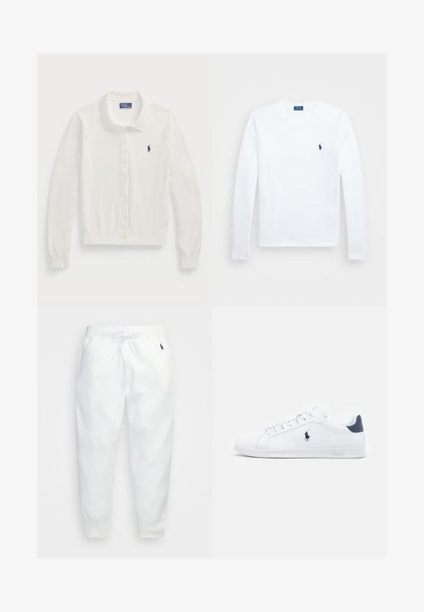 Λευκό ζακέτα από απαλό ύφασμα, με γιακά, μακριά μανίκια, κλείσιμο με κουμπιά μπροστά και μικρό ναυτικό λογότυπο.; Λευκό πουκάμισο με μακριά μανίκια, από βαμβακερό υλικό, με στρογγυλή λαιμόκοψη, διαθέτει μικρό σκούρο μπλε λογότυπο στο αριστερό στήθος. Απλός σχεδιασμός, κανονική εφαρμογή.; Λευκοί βαμβακεροί παντελόνες jogger με ελαστική μέση και κορδόνι. Διαθέτουν πλαϊνές τσέπες και ραμμένες μανσέτες. Μικρό λογότυπο στο αριστερό μηρό.; Λευκά δερμάτινα sneakers με λεία επιφάνεια, ναυτικά στοιχεία και μικρό λογότυπο στο πλάι. Διαθέτουν επίπεδα κορδόνια και υφασμένη σόλα από καουτσούκ.
