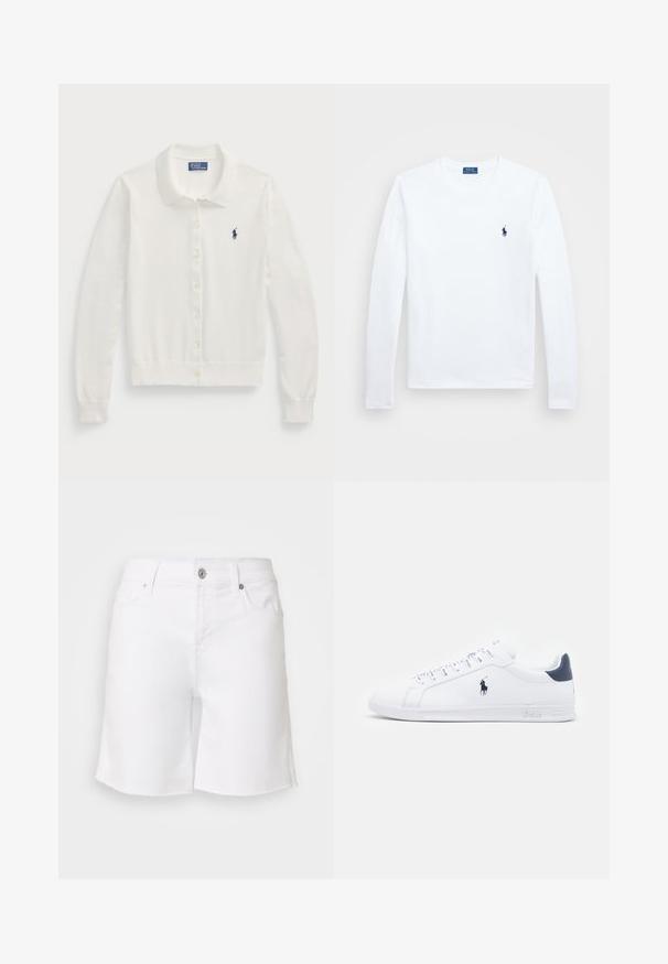 Cárdigan blanco de punto suave, con cuello tipo solapa, mangas largas, cierre frontal de botones y un pequeño logotipo azul marino.; Camisa blanca de manga larga, material de algodón, con cuello redondo, que presenta un pequeño logo en navy en el lado izquierdo del pecho. Diseño simple, ajuste regular.; Pantalones cortos de mezclilla blanca con dobladillo sin acabar, cinco bolsillos y cierre de botón metálico. Presenta una cintura ajustada y un diseño de pierna relajada.; Zapatillas de cuero blanco con un acabado suave, detalles en azul marino y un pequeño logotipo en el costado. Cuentan con cordones planos y una suela de goma texturizada.