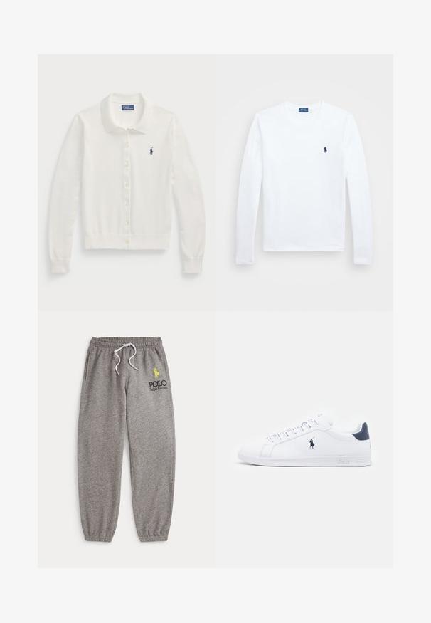 Bežna kardigan jopica iz mehkega materiala, z ovratnikom, dolgimi rokavi, zapiranjem na gumbe in majhnim mornarsko modrim logotipom.; Bela dolga majica z dolgimi rokavi, bombažni material, okrogla neckline, z majhnim mornarsko modrim logotipom na levem prsnem delu. Preprost dizajn, običajen kroj.; Sive trenirke imajo elastičen pas z vrvico za zavezovanje, stranske žepe in vezeno blagovno znamko v črni in rumeni barvi na stegnih.; Bele športne copate iz belega usnja z gladko površino, mornarsko modrimi detajli in majhnim logotipom na strani. Imajo ravne vezalke in teksturiran gumijast podplat.