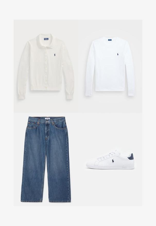 Hvit cardigan-genser laget av mykt stoff, med kragehals, lange ermer, knapping foran og en liten marineblå logo.; Hvit langermet skjorte, i bomullsmateriale, med rund hals, som har en liten marineblå logo på venstre bryst. Enkelt design, vanlig passform.; RE/DONE LOOSE CROP - Jeans relaxed fit - peyote flow; Hvite lær sneakers med en glatt overflate, marineblå detaljer og en liten logo på siden. Har flate lisser og strukturet gummisåle.