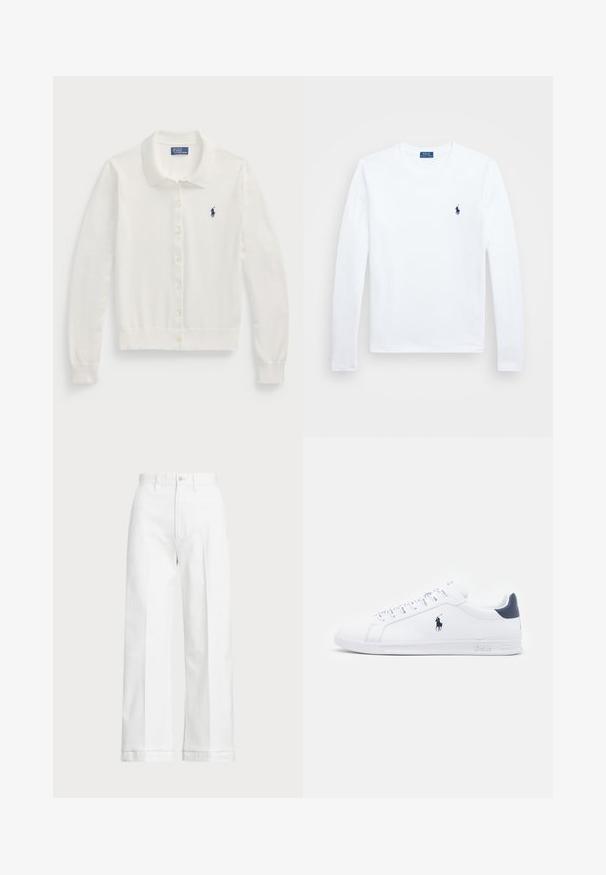 Bežna kardigan jopica iz mehkega materiala, z ovratnikom, dolgimi rokavi, zapiranjem na gumbe in majhnim mornarsko modrim logotipom.; Bela dolga majica z dolgimi rokavi, bombažni material, okrogla neckline, z majhnim mornarsko modrim logotipom na levem prsnem delu. Preprost dizajn, običajen kroj.; Bele široke hlače z visokim pasom, ki imajo gumbasto zapiranje in diskretne šive. Narejene so iz bombaža z gladko teksturo.; Bele športne copate iz belega usnja z gladko površino, mornarsko modrimi detajli in majhnim logotipom na strani. Imajo ravne vezalke in teksturiran gumijast podplat.
