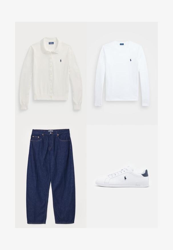 Fehér kardigán pulóver puha szövetből, gallérral, hosszú ujakkal, gombos elülső záródással és egy kis sötétkék logóval.; Fehér hosszúujjú póló, pamut anyagból, kerek nyakkivágással, bal mellen kis sötétkék logóval. Egyszerű dizájn, normál szabású.; RE/DONE WIDE TAPER - Laza szabású farmerek - deadstock like; Fehér bőr sportcipők sima felülettel, tengerészkék részletekkel és egy kis logóval az oldalukon. Lapos fűzőkkel és texturált gumi talppal rendelkezik.