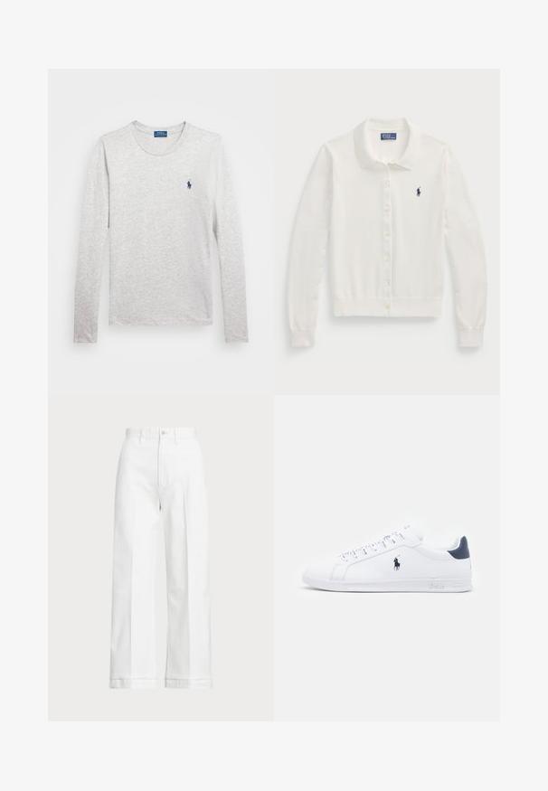 Fehér kardigán pulóver puha szövetből, gallérral, hosszú ujakkal, gombos elülső záródással és egy kis sötétkék logóval.; Hosszú ujjú szürke pamut póló, kerek nyakkivágással és kis kék pólólogóval a bal mellrészen. Puha, könnyű textúrájú anyag.; Fehér, bő szárú nadrág magas derekú szabással, gombos záródással és diszkrét varrási részletekkel. Pamutból készült, sima tapintással.; Fehér bőr sportcipők sima felülettel, tengerészkék részletekkel és egy kis logóval az oldalukon. Lapos fűzőkkel és texturált gumi talppal rendelkezik.