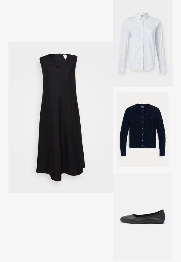 Cardigan en maille torsadée bleu marine avec un col rond, six boutons de fermeture et un ourlet et des poignets côtelés. Petit logo rouge sur la poitrine gauche.; Robe noire sans manches avec un décolleté en V, forme A évasée, longueur genoux et fermeture éclair dissimulée au dos. Texture de tissu lisse.; Chemise blanche à manches longues en coton. Dotée d'un devant à boutons, d'un col pointu et d'une poche poitrine du côté gauche.; Ballerines en cuir noir avec un bout rond, texture lisse, détails de couture minimalistes et design de semelle flexible.