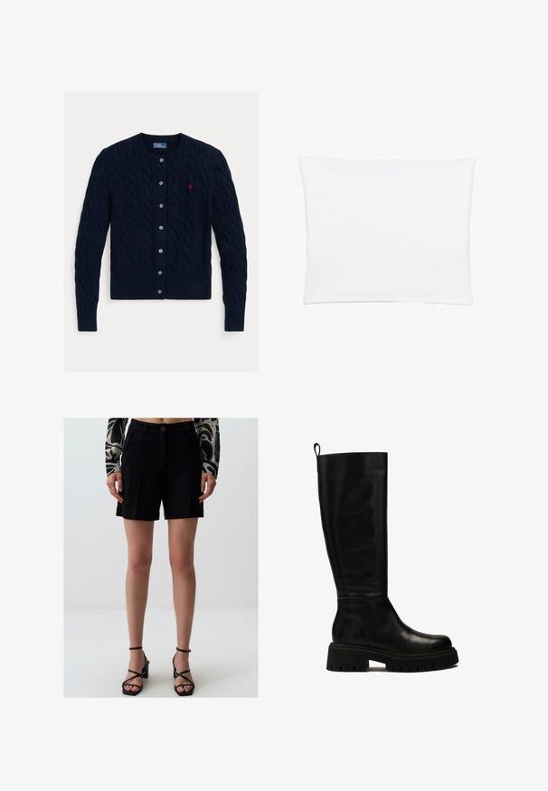 Cardigan in maglia a treccia blu navy con scollatura rotonda, chiusura a sei bottoni e orlo e polsini a costine. Piccolo logo rosso come accento sul petto sinistro.; Fodera per cuscino bianca con una texture liscia e morbida, caratterizzata da una forma rettangolare e bordi puliti, progettata per cuscini di dimensioni standard.; Pantaloni pantaloni neri a pieghe con vita aderente e chiusura con bottone. Tessuto liscio con design sartoriale. Abbinati a tacchi alti neri con cinturini.; Stivali in pelle neri al ginocchio con un design elegante, punta rotonda e suola in gomma spessa con profonde scanalature e una linguetta nella parte superiore.