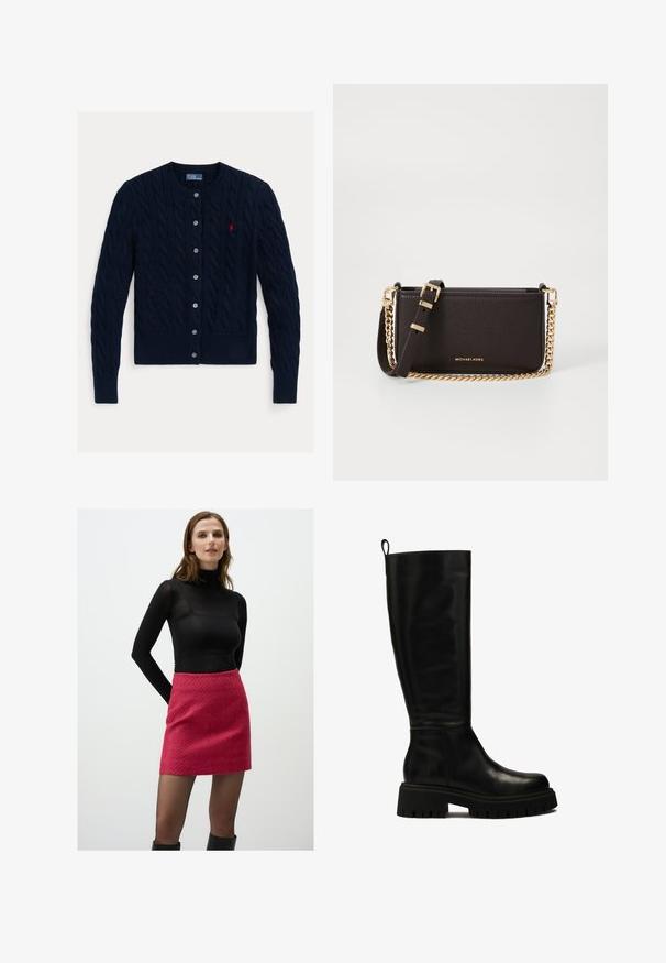 Cardigan en maille torsadée bleu marine avec un col rond, six boutons de fermeture et un ourlet et des poignets côtelés. Petit logo rouge sur la poitrine gauche.; Chemise blanche à manches longues, dotée d'un col structuré et d'un ourlet arrondi. Fabriquée à partir d'un tissu lisse et uni, sans motifs ni accents visibles.; Un haut à col roulé noir à manches longues associé à une jupe mini texturée rose, porté avec des bottes noires jusqu'aux genoux, le tout sur un fond blanc uni.; Bottes en cuir noires montantes jusqu'au genou, avec un design épuré, un bout arrondi et une semelle en caoutchouc épaisse dotée de rainures profondes et d'une languette en haut.; MICHAEL Michael Kors BRYANT SM XBODY POUCHETTE - Sac bandoulière - chocolate