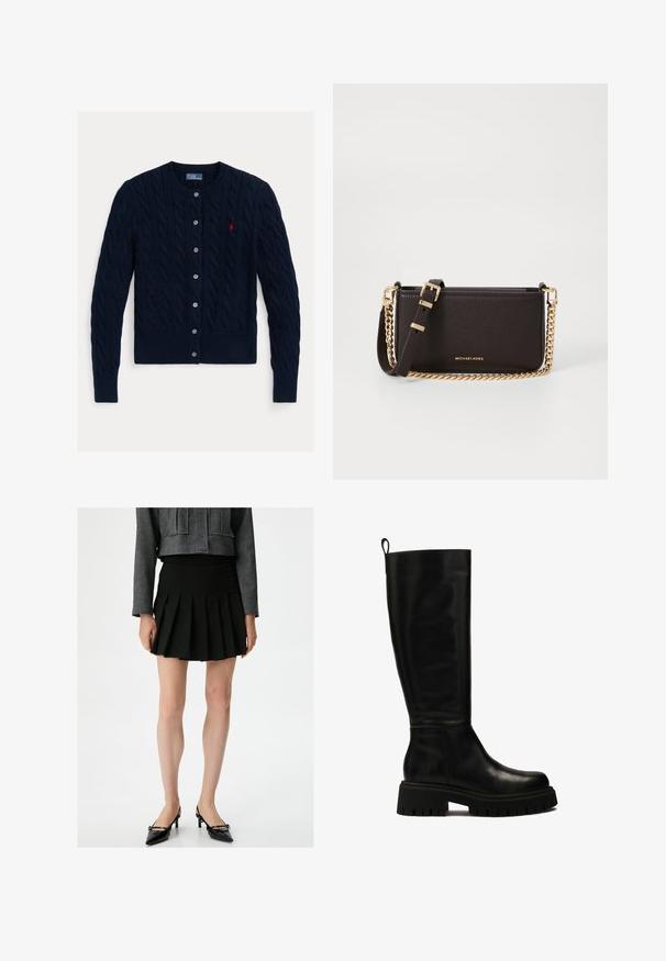 Tummansininen verkkoneuleinen neuletakki, jossa on pyöreä pääntie, kuusi napin kiinnitystä sekä ribbireunat hihansuissa ja helmassa. Pieni punainen logo vasemmassa rinnassa.; Valkoinen nappikauluspaidat, joissa on pitkät hihat, rakenteellinen kaulus ja pyöristetty helma. Valmistettu sileästä, yksivärisestä kankaasta, jossa ei ole näkyviä kuvioita tai koristeita.; Mustat, poimutetut hameet, joissa on sileä pinta. Yhdistetty lyhyen, harmaan tekstuuritakin kanssa ja teräväkärkisten mustien korkokenkien kanssa. Yksinkertainen, klassinen muotoilu.; Musta nahkasaapas, joka ulottuu polveen, tyylikkäällä muotoilulla, pyöreällä varvalla ja paksulla kumipohjalla, jossa on syviä uria ja ylhäällä vetoketjun vetonauha.; MICHAEL Michael Kors BRYANT SM XBODY POUCHETTE - Olkalaukku - chocolate